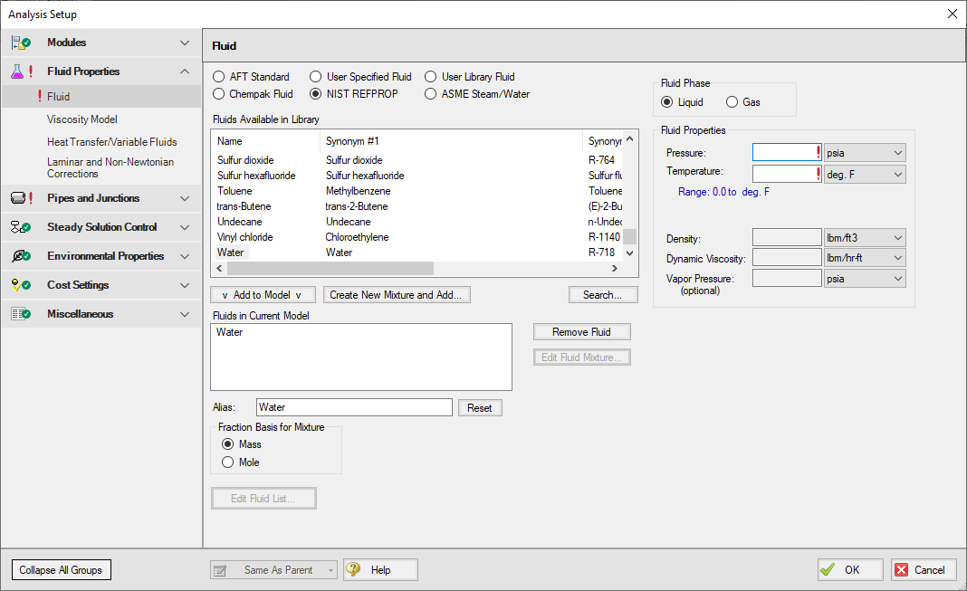 The Fluid panel in Analysis Setup with the NIST REFPROP database selected.